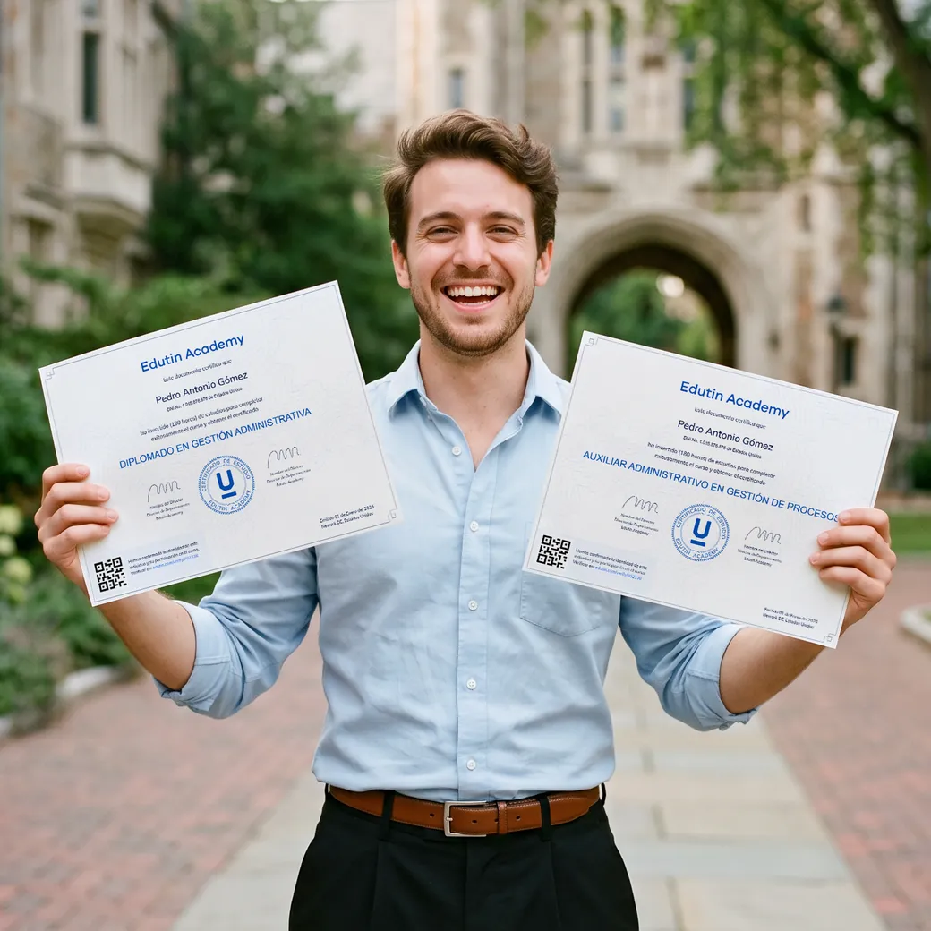 Estudiante mostrando dos certificados de Edutin Academy