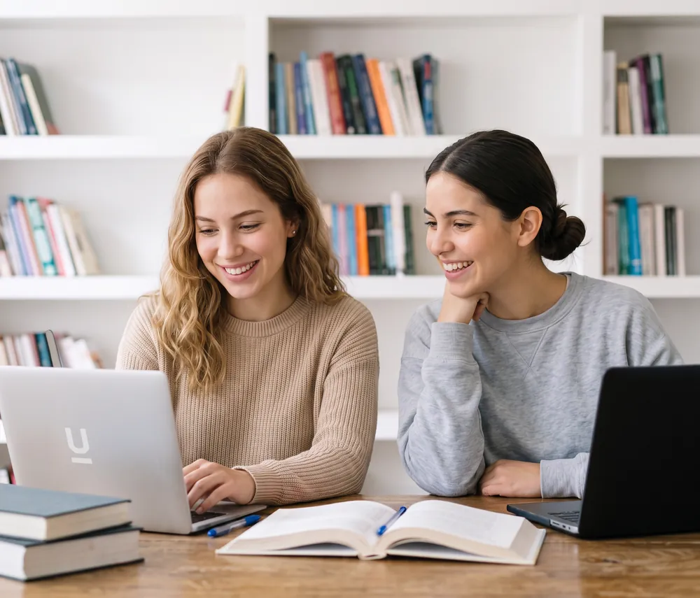 Dos estudiantes estudiando juntos frente a un computador portátil en una biblioteca