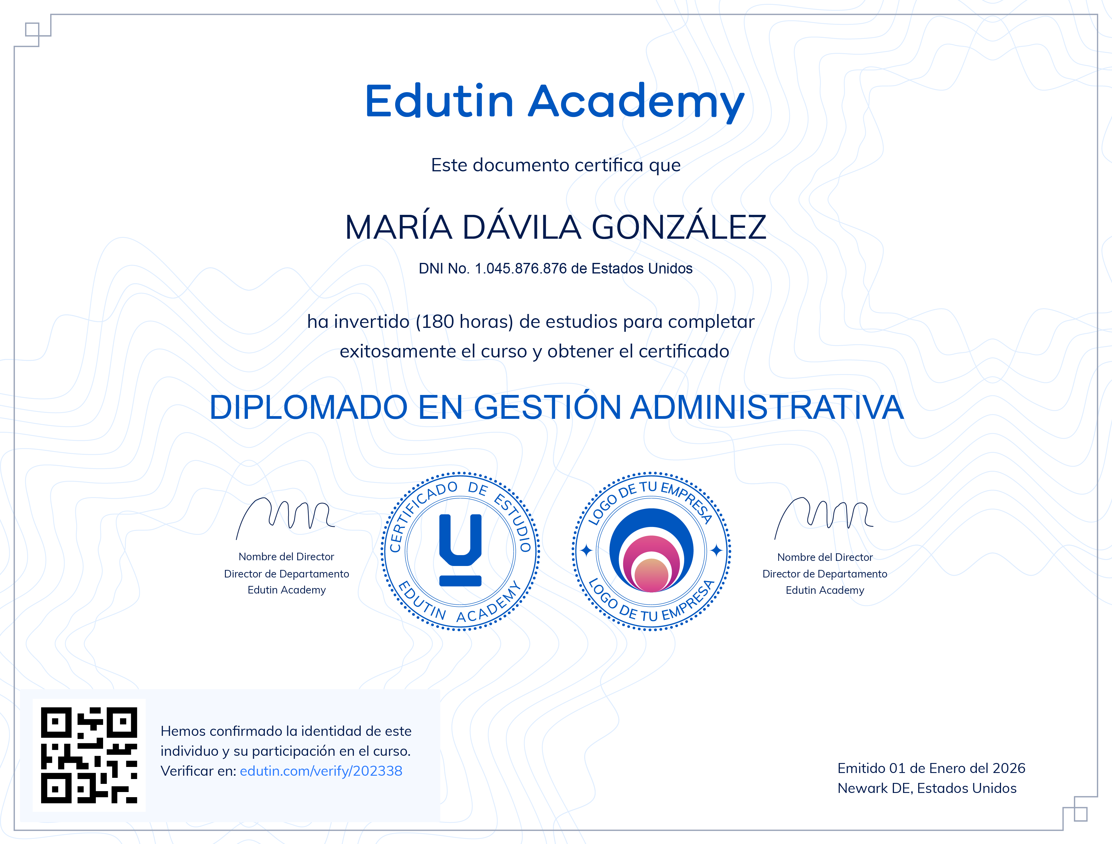 Certificado de Edutin Academy con el logo de la empresa junto al sello