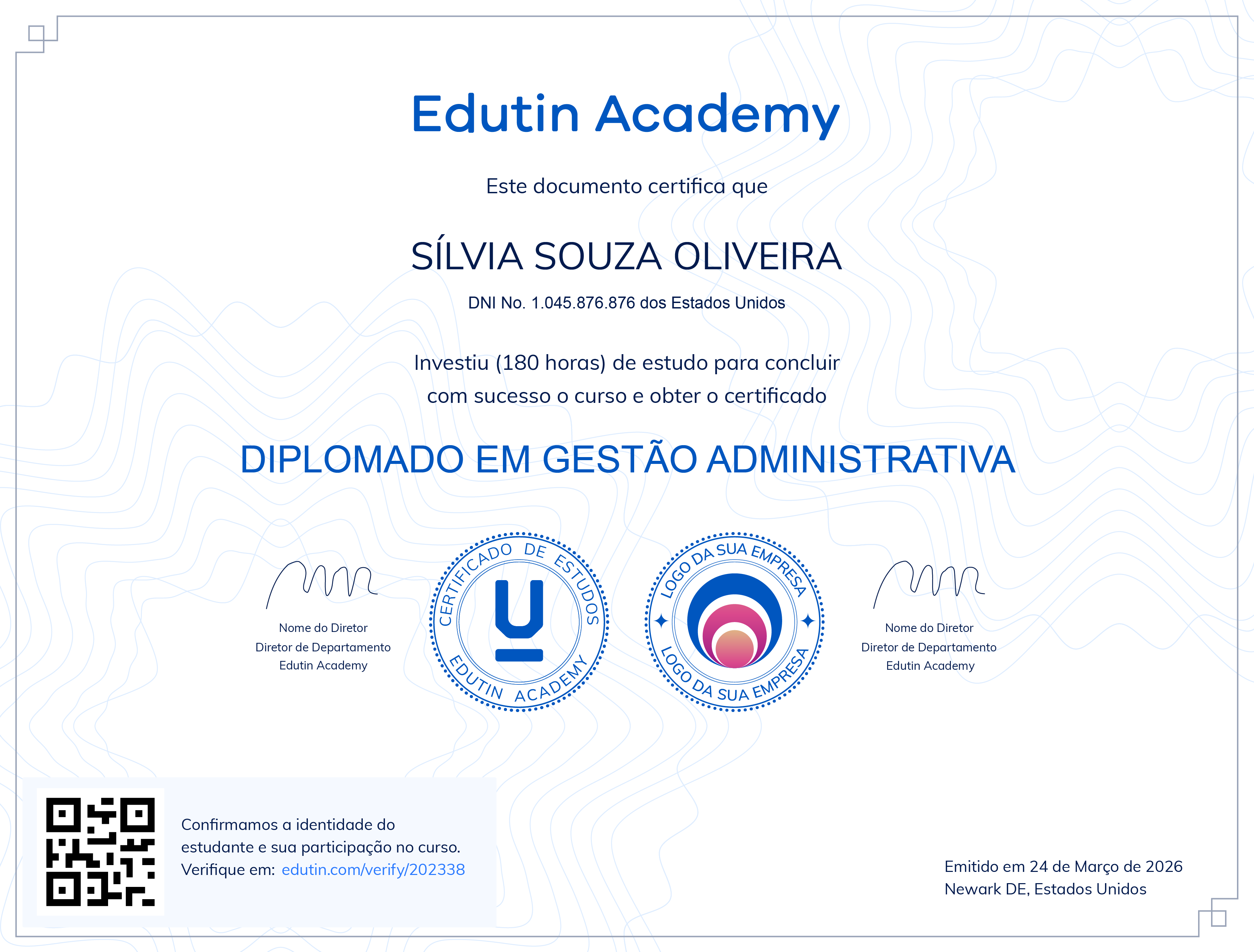 Certificado da Edutin Academy com o logo da empresa junto ao selo